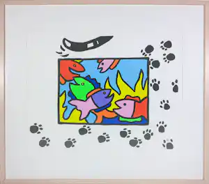 Shunyam - Zeefdruk, Fish and cat II - Ingelijst verkocht voor € 60!