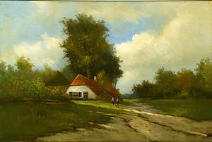 Niet of onleesbaar gesigneerd - Hollands Landschap - Boerderij aan Zandweg - Olieverf op paneel - Signatuur kopen? Bied vanaf 1!