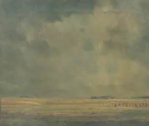 Ad van der Kop - Polderlandschap met korenschoven onder een dreigende lucht kopen? Bied vanaf 45!