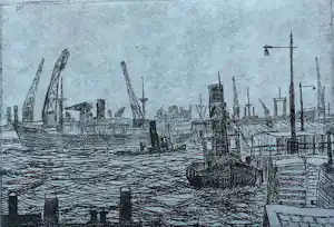 Jos van den Berg - Ets: Haven Rotterdam - 1973 kopen? Bied vanaf 39!