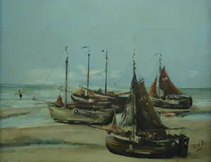 Niet of onleesbaar gesigneerd - Ingelijst, Olieverf op paneel , Vissersboten op het strand - 1888 kopen? Bied vanaf 1!