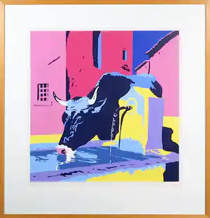 Marco Kooiman - Zeefdruk, Cow drinking at fountain - Ingelijst verkocht voor € 40!