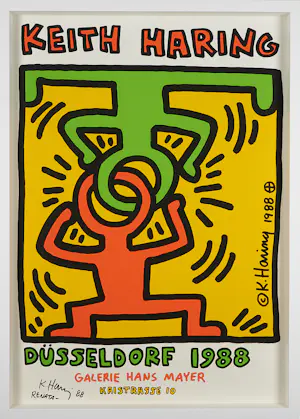 Keith Haring - Gesigneerd, Galerie Hans Mayer Düsseldorf 1988, mooi ingelijst kopen? Bied vanaf 1650!
