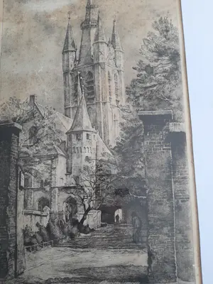 Willem Gerard Hofker - Ets, Prinsenhof en Oude Kerk te Delft kopen? Bied vanaf 35!