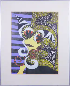 Jolanda Stil - Acryl op papier, Behind the mask 1 - Ingelijst kopen? Bied vanaf 30!