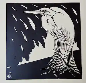 Jan Schonk - Houtsnede "Reiger" 1925 verkocht voor € 45!