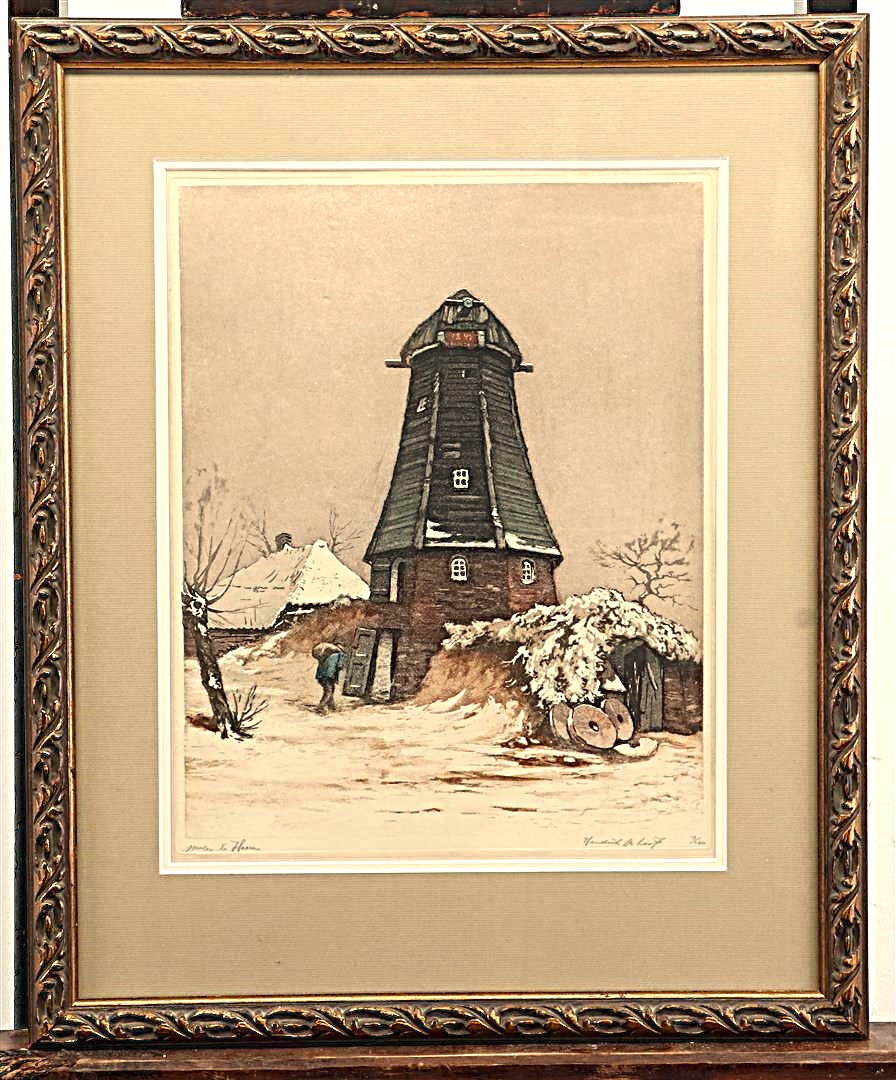 Hendrik de Laat - Ingekleurde Ets - Molen van Haaren kopen? Bied vanaf 105!