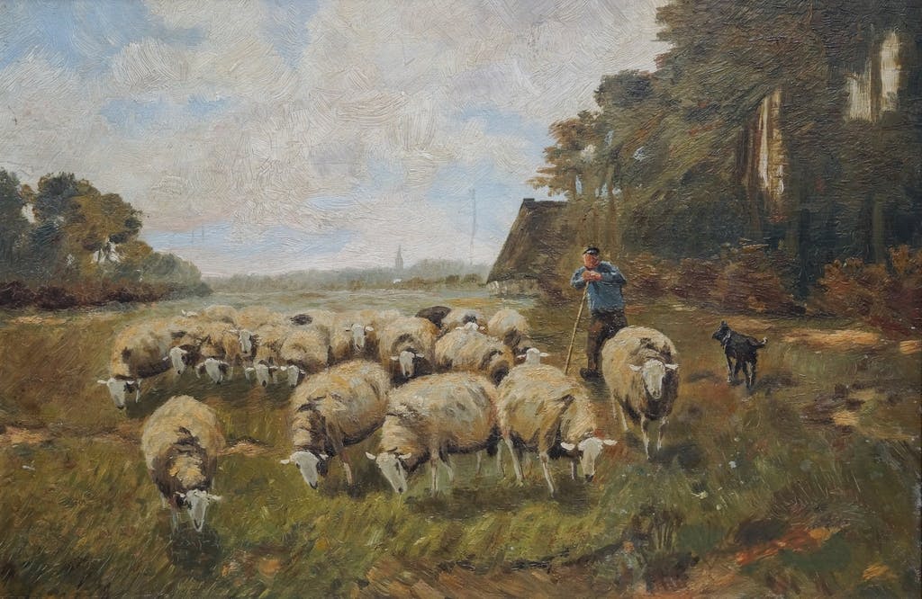 Piet Bouter - Piet Bouter (1887-1968), in de manier van - olieverf op eiken paneel - schapen kopen? Bied vanaf 100!