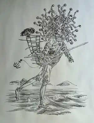Peter Vos - handgesigneerde litho | 'Man met schip, uil en narrenkap met ballen' | 1973 verkocht voor € 200!
