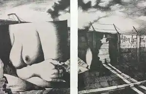 Nicolaas Wijnberg - Naakt over de schutting, originele dubbelpagina litho verkocht voor € 50!