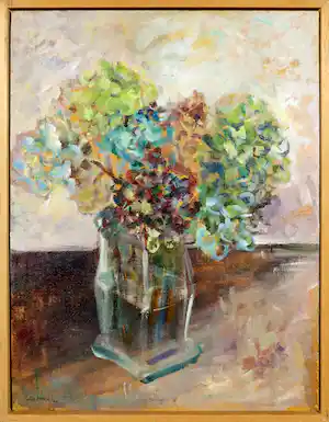 Liz Strick - Acryl op board, Hortensia - Ingelijst verkocht voor € 35!