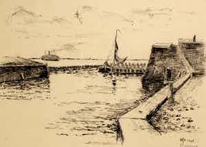 Willem Jans Dijk - tekening: Vlissingen ingang vissershaven - 1928 verkocht voor € 105!