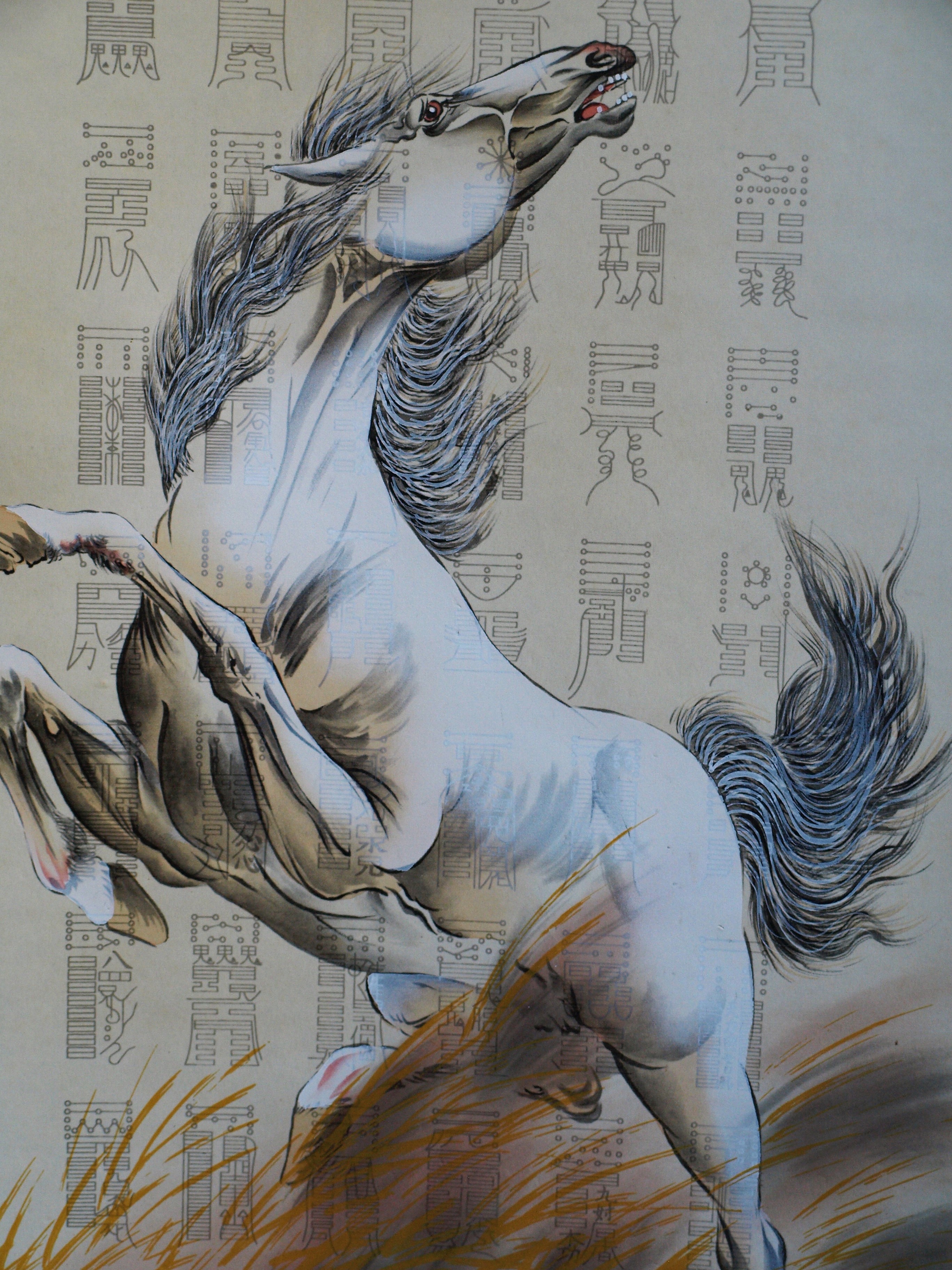 Niet of onleesbaar gesigneerd - Japanse scroll , Paard - Inkt en verf op doek, opgerold op houten stok kopen? Bied vanaf 1!