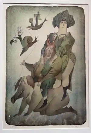 Adolf Born - Litho varkens en dame verkocht voor € 1000!