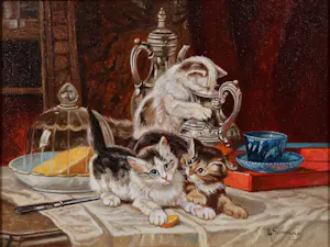 Albert Temming - Olieverf op doek, Katten op tafel - Ingelijst kopen? Bied vanaf 100!