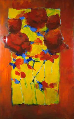 Carolina Paulussen - Acryl op doek, Rozen in oranje kader (Zeer groot) verkocht voor € 111!