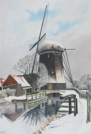 Niet of onleesbaar gesigneerd - Pastelkrijt, Landschap met molen kopen? Bied vanaf 1!