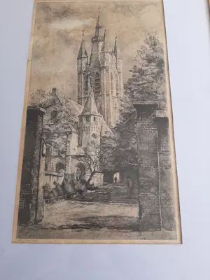 Willem Gerard Hofker - Ets, Prinsenhof en Oude Kerk te Delft kopen? Bied vanaf 35!