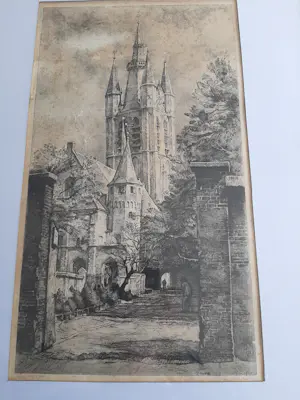 Willem Gerard Hofker - Ets, Prinsenhof en Oude Kerk te Delft kopen? Bied vanaf 35!