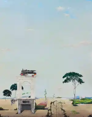 Erik Mangelschots - Landschap met surrealistische elementen, olieverf op paneel (nette lijst, groot) verkocht voor € 360!