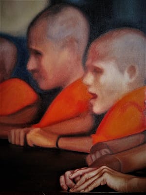 Niet of onleesbaar gesigneerd - Thailand - GROOT olieverf op doek " jonge boeddhistische Monniken" gesigneerd kopen? Bied vanaf 1!