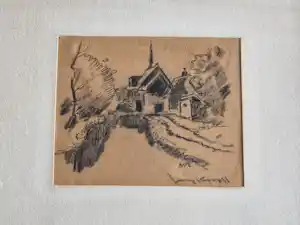 Joop Kropff - circa 1940 - houtskooltekening Kerkje Schoorl - in originele lijst - gesigneerd kopen? Bied vanaf 41!