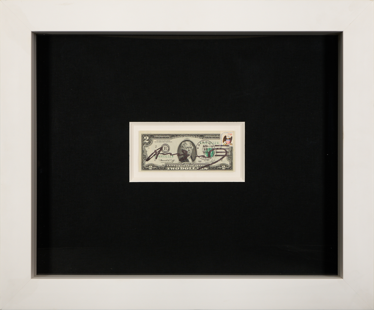 Andy Warhol - Gesigneerd 2 US Dollarbiljet – Met Andy Warhol-stempel – Fraai ingelijst kopen? Bied vanaf 1690!