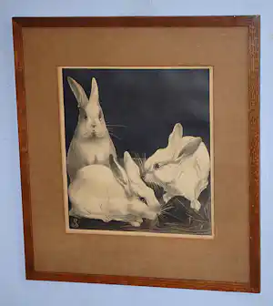 Jan Schonk - steendruk konijnen - ingelijst verkocht voor € 75!