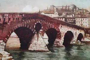 Eugene Lucker - Grote kleuren ets & aquatint "Ponte Pietra Verona" kleine oplage (50) kopen? Bied vanaf 45!