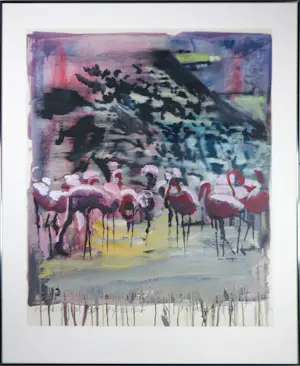Hardy Döhrn - Acryl op papier, Flamingos bei Erdbeben - Ingelijst kopen? Bied vanaf 100!