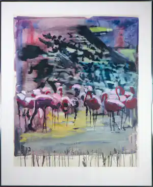 Hardy Döhrn - Acryl op papier, Flamingos bei Erdbeben - Ingelijst kopen? Bied vanaf 100!