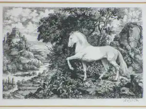 Dirk van Gelder - Wit paard in Arcadisch landschap - Gravure kopen? Bied vanaf 48!