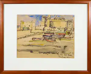 Theo Swagemakers - Aquarel/pentekening, Havengezicht - Ingelijst verkocht voor € 60!