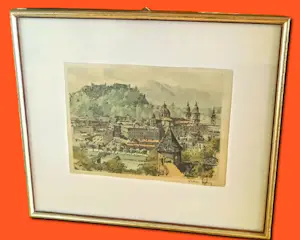 Hans Figura - Farbradierung auf Seide "Salzburg" im Rahmen (27 x 30 cm) sehr guter Zustand kopen? Bied vanaf 70!