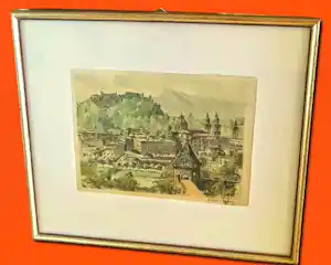 Hans Figura - Farbradierung auf Seide "Salzburg" im Rahmen (27 x 30 cm) sehr guter Zustand kopen? Bied vanaf 70!