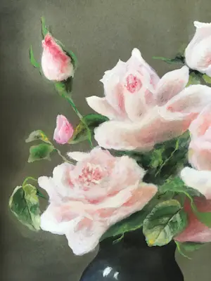 Niet of onleesbaar gesigneerd - Schilderij roze rozen in vaas, gemengde techniek, gesigneerd kopen? Bied vanaf 1!