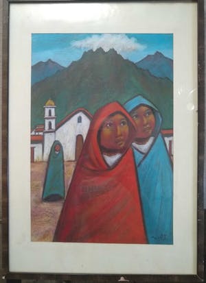 Niet of onleesbaar gesigneerd - Mexicaanse school - Vrouwen bij een kerk kopen? Bied vanaf 10!