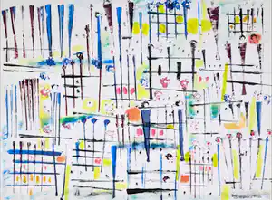 Klaas Boonstra - Gemengde techniek op papier, Abstracte compositie verkocht voor € 70!