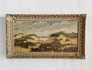 Peter Cox - magnifiek en groot olieverf op doek "zonnig kust duin landschap" in fraaie lijst kopen? Bied vanaf 70!