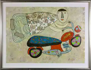 Shahid Parvez - Zeefdruk, His first bike - Ingelijst verkocht voor € 70!