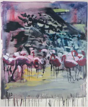 Hardy Döhrn - Acryl op papier, Flamingos bei Erdbeben - Ingelijst kopen? Bied vanaf 100!