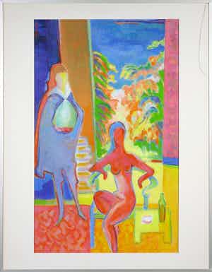 Joe Wols - Acryl op papier, Twee figuren in een interieur - Ingelijst verkocht voor € 50!
