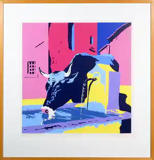 Marco Kooiman - Zeefdruk, Cow drinking at fountain - Ingelijst verkocht voor € 60!
