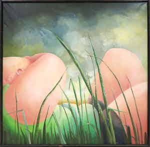 Frans Nicolai - Olieverf op doek, Liggen in gras - Ingelijst verkocht voor € 90!