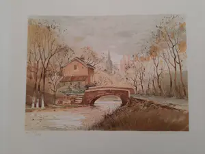 Allain Renoux - Litho, titel "Bruggetje langs de rivier". kopen? Bied vanaf 35!