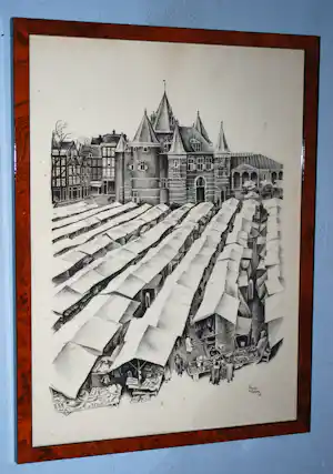 Albert Funke Kupper - Amsterdam Nieuwmarkt - litho 1933 verkocht voor € 25!