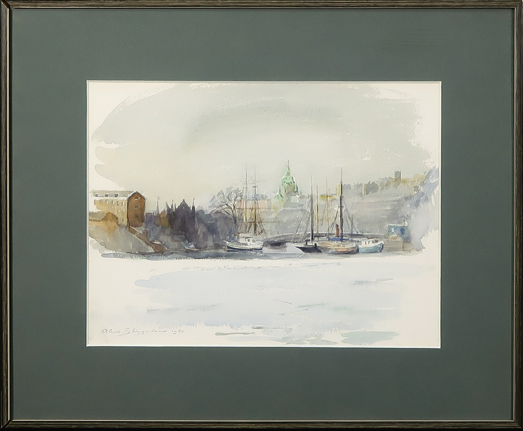 Aleid Slingerland - Aquarel, Havengezicht - Ingelijst verkocht voor € 60!