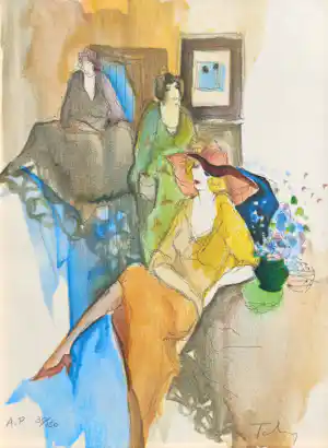 Itzchak Tarkay - Quiet afternoon, zeefdruk (prachtig ingelijst) verkocht voor € 110!