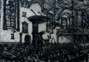 Joseph van de Wall Perne - houtsnede: kerkinterieur kopen? Bied vanaf 30!
