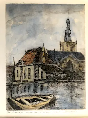 Huib Bijl - Veerhuisje te Overschie - Ingekleurde ets, Ingelijst kopen? Bied vanaf 30!